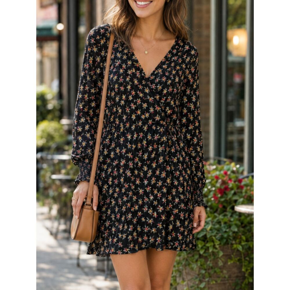 Wild Fable Black Floral Wrap Mini Dress Size M Long Sleeve Cottagecore